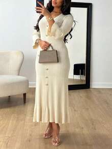 Autumn/Winter Basic Layering Commute Daily Romantic Date Waist Cinched Elastic Knit Long Sleeve Ruffle Hem Sweater Dress - Apricot - View 5