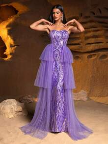 Faeriesty 无肩带正式晚礼服，多层薄纱拼接，鱼尾裙摆——优雅正式的着装，适合红毯活动、黑领结晚宴、婚宴、颁奖典礼、慈善晚宴等场合。 - 紫色 - 查看 5