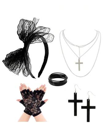 1 套 80 年代服装配饰 - 蕾丝头带、耳环、蕾丝手套、项链、手链，适合 80 年代复古主题服装派对、万圣节
