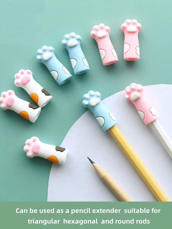 Conjunto de 5/10 protetores de lápis com formato de patinha de gato, feitos de silicone para proteger as pontas. Perfeitos para diversos tipos de lápis (triangulares, hexagonais), lápis de cor e canetas esferográficas. Resistentes e ideais para material escolar e para a volta às aulas.