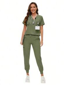 Surgical Uniforms Woman Scrub Set Nurse Beauty Salon Workwear Clinical Scrubs Top Pants Sets Spa Doctor Nursing Clinical Suit - 橄欖綠 - 查看 3
