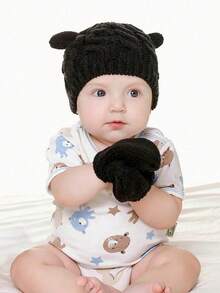 1 Set de Gorro y Guantes de Bebé Suaves y Cálidos con Diseño de Animales, Combo Unisex de Gorro y Guantes de unicolor Prácticos y Gruesos para Temporadas Frías