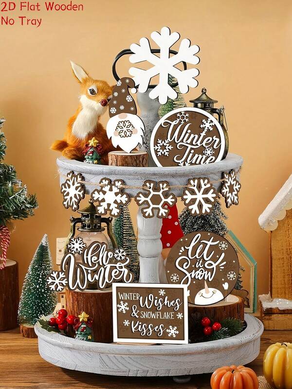 11 PCS Hello Winter Christmas, Christmas Tiered Tray Decor Coffee Gnome, Brown Style Dwarf Snowflake Wooden Decor Set, Let It Snow Wooden Sign Warm Winter Farmhouse Home Decor For Tabletop Shelf Mantel Party Holiday(No Tray)
