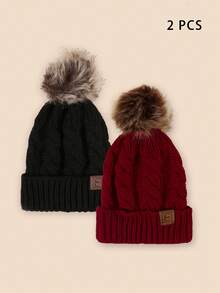 2pcs/Set Unisex Plush Ball Y2K Style Warm & Breathable Knitted Beanie Hats For Casual Wear Christmas Winter Fall - Black - View 5