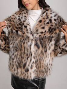 TRAFZA 女士仿皮草优雅外套，休闲奢华纯色大衣，保暖宽松版型女士时尚街头风长袖外套 - 豹紋 D - 查看 6