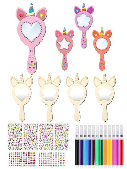 12-delars enhörningspyssel i trä, handmålade handhållna speglar, obehandlade träbitar, snöre och färgpennor, gör-det-själv-pyssel, och dekorativa prinsesspeglar för konstaktiviteter, födelsedagspresenter, julfesttillbehör och träpyssel