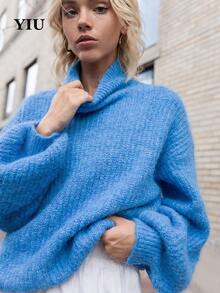 YIU Women's Fashion Blue Knit Pullover Sweater, Ribbed Knit Detail, Long Sleeve High Neck, Regular Length, Comfortable And Warm For Winter. - Blue - View 5