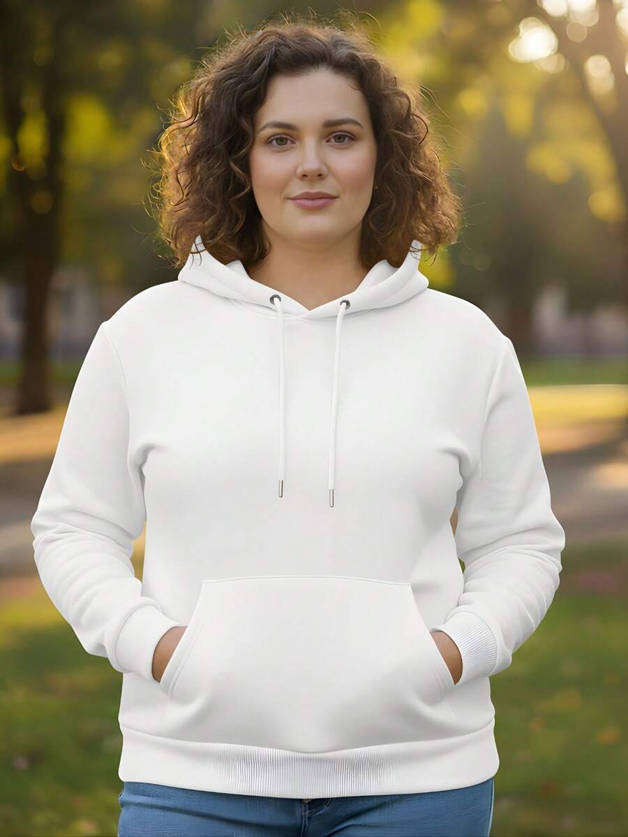 Plus Size Plain Unisex Women's Warm Fleece Sweatshirt With Kangaroo Pocket And Hood, Sizes P To G4 - 白色 - 查看 1