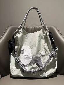 New Casual Poodle Embroidery Lightweight Nylon Large Capacity Shopping Tote Bag, Adjustable Shoulder Strap, Suitable For Daily Commute, Party, Travel