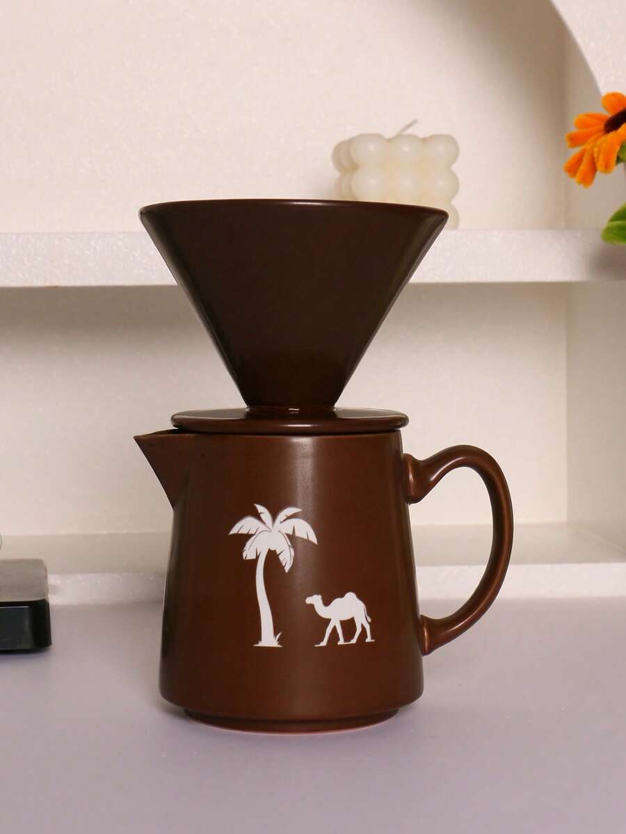 1 Juego de Tetera de Café con Patrón de Camello Cerámico Vintage, Olla de Cerámica Hecha a Mano para Compartir, Cafetera de Goteo con Filtro de Café Reutilizable