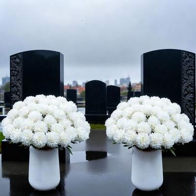 5支仿真白菊花，适用于家居、户外、婚礼、花园装饰，尤其适合葬礼、纪念日、告别仪式和节日装饰，可用作人造墓花、家居装饰、丧葬纪念、老人护理等。