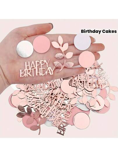 100pcs Rose Gold, Pink, White Polka Dot & Eucalyptus Leaf Confetti With "Happy Birthday" Print - Elegant Paper Party Decor, Suitable For Birthday Cakes, Table Decorations, Unisex Celebrations And Parties, Birthday Decorations