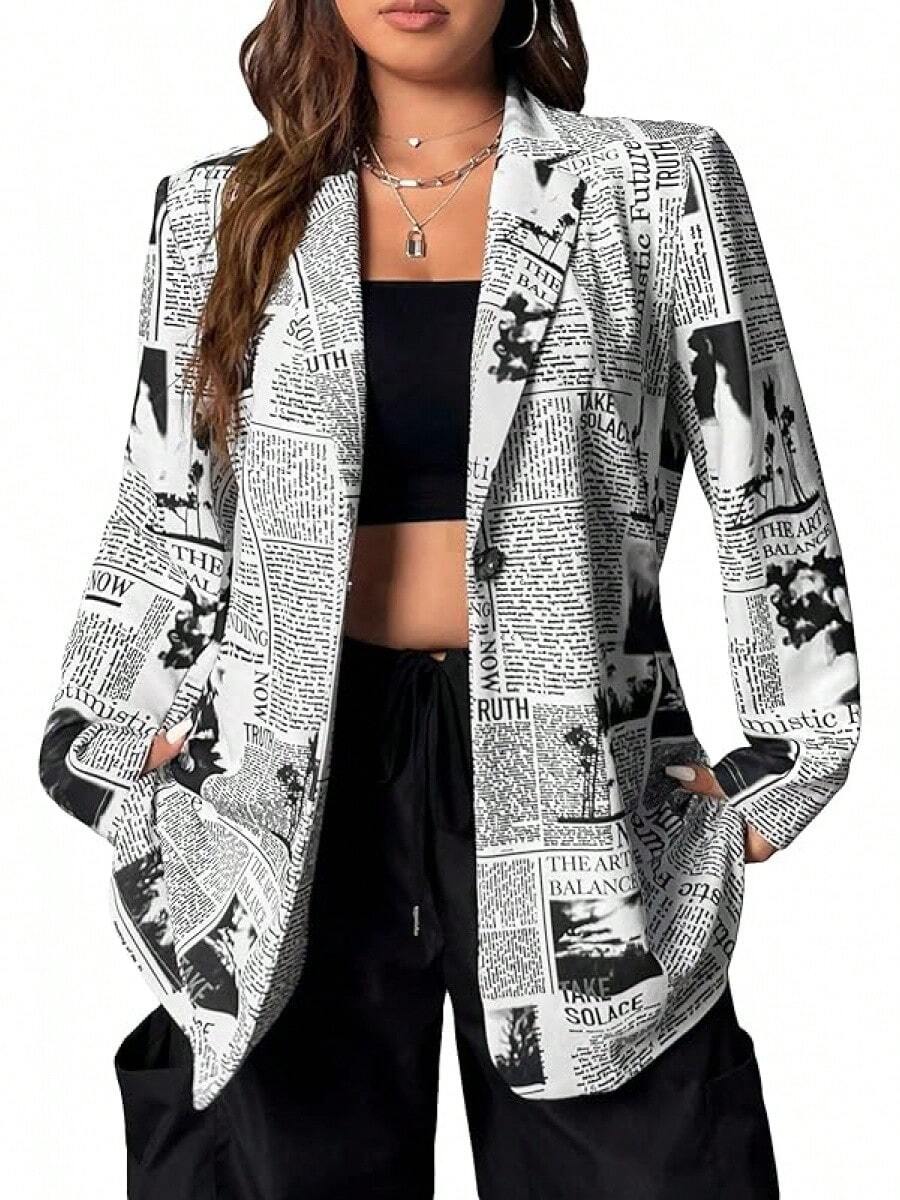 Women's Newspaper Print Single Button Lapel Collar Long Sleeve Work Office, 2025 Style QEXD - 彩色 - 查看 1