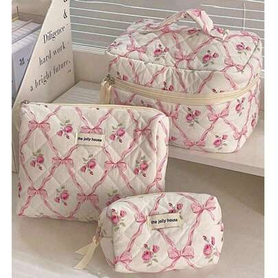 1/3pcs Pink Bow & Rose Design Cosmetic Bag, Fashion Portable Makeup Bag, Multi-Functional Storage Pouch For Lipstick, Sanitary Napkin, Coins, Keys, Large Capacity Cute Travel Toiletry Bag, Mother's Day Gift, Back To School Gift, Cosmetic Bag, Makeup Organizer, Makeup Storage Bag, Makeup Pouch, Valentine's Day Gift