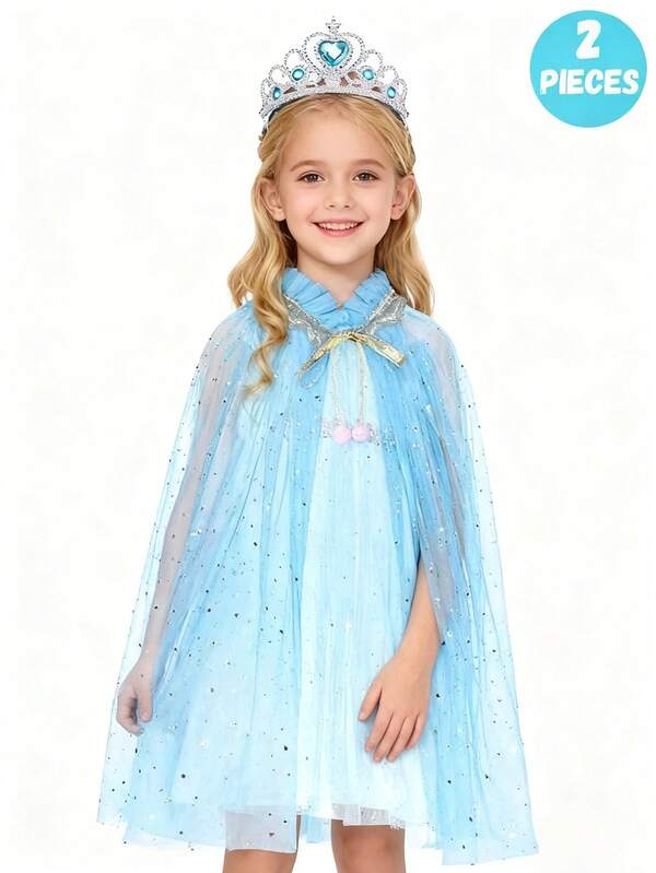 2 Stücke/Set Eleganter Stil Lotus Krone Umhang Set für Kinder, ein Zweiteiler für Mädchen zum Verkleiden als Eiskönigin mit Krone und Umhang, geeignet für Aufführungen, Partys und Bühnenauftritte. Ein ideales Geschenk für Kinder.