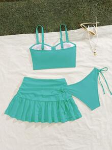 Bộ bikini 3 món dành cho nữ, màu trơn, gợi cảm, kiểu dáng thể thao năng động, gồm áo hai dây và quần bơi ngắn có dây rút, chân váy xếp ly viền bèo, chất liệu co giãn vừa phải, thích hợp cho kỳ nghỉ, bãi biển, các hoạt động bên hồ bơi, tiệc bãi biển, mùa hè. - Màu xanh Bạc hà - Xem 3
