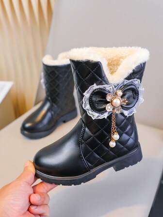 Botas con lazo de rhinestone y forro de piel, de unicolor, antideslizantes, resistentes al desgaste, con cremallera lateral, cómodas, esenciales para niñas en otoño/invierno