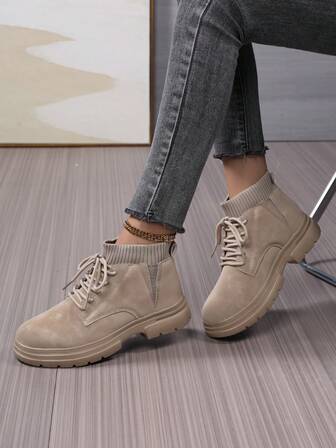 秋冬季男女通用户外简约纯色中帮系带圆头靴，复古运动休闲鞋，适合日常穿着