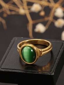 1pc Vintage 18K Gold Plated Stainless Steel Oval Cat Eye Stone Ring, Suitable For Festivals, Parties And Daily Wear - Gold Oval Synthetic Cat's Eye Ring - View 5
