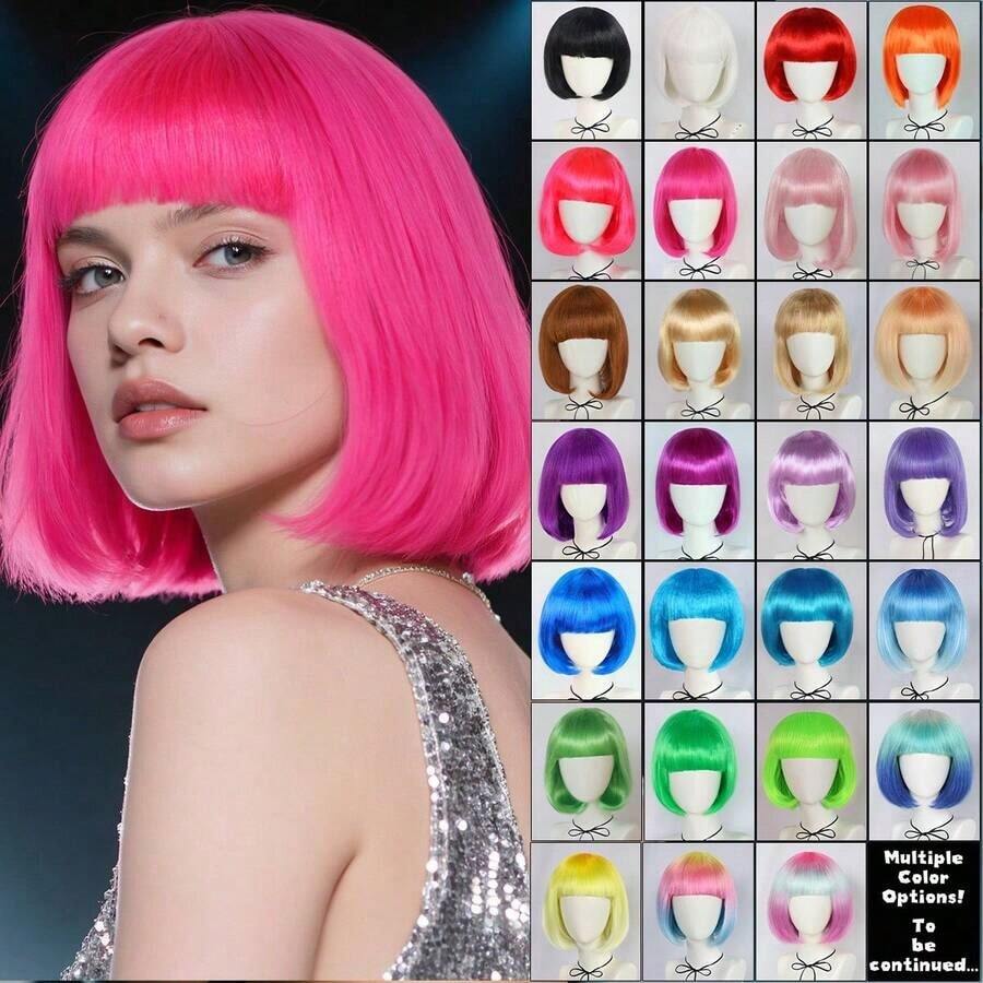 Fashionable Women's Bobbed Wig With Short Bangs, Multicolor Anime Cosplay Wigs For Party, Available In Pink, Green, Black, Gold, Red, Brown, Blue, White, Purple, Orange, Yellow, Rainbow And Other Vibrant Colors, Suitable For Holidays, Anime Conventions, Celebrations, Daily Wear, Also Makes A Great Birthday Gift. Retro 80s Punk Rock Style Wigs Also Available. - DW6106-màu tím - Xem 1
