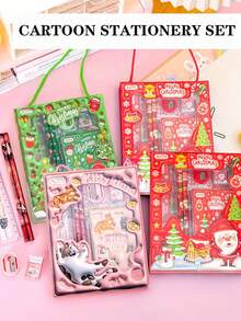 1 Set Of 6 Christmas Series Stationery Gift Box Set, High-Quality Hand-Held Stationery Set With Santa Claus & Reindeer Pattern Holiday Design, Perfect Christmas Gift For Students