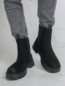 Botas Derby de Sola Grossa com Bico Redondo, Estilo Britânico Vintage Retrô Preto, Botas de Motocicleta da Moda