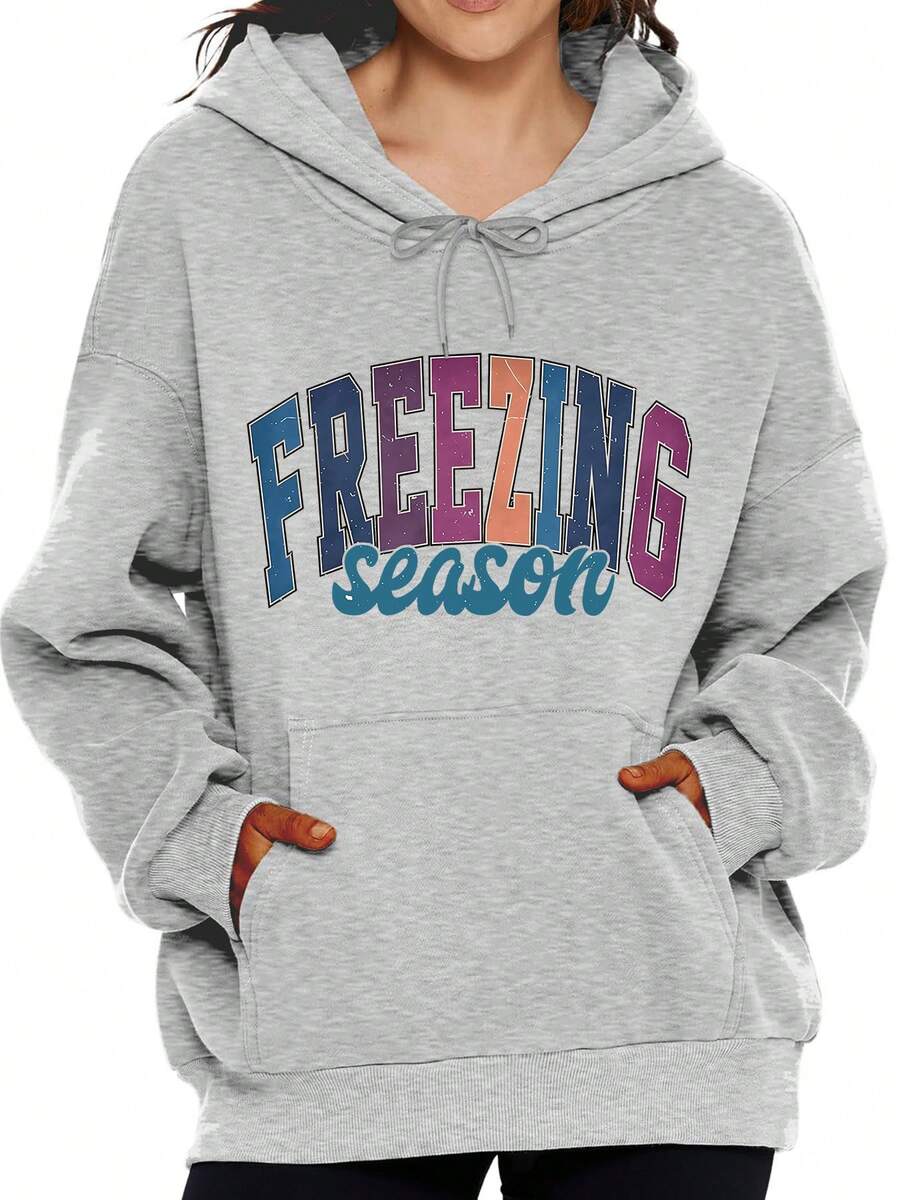 Freezing Season Colorful Graphic Hoodie Sweatshirt Women's Casual Oversized Pullover Hooded Top For Winter Fall Fashion Streetwear - 灰色 - 查看 1