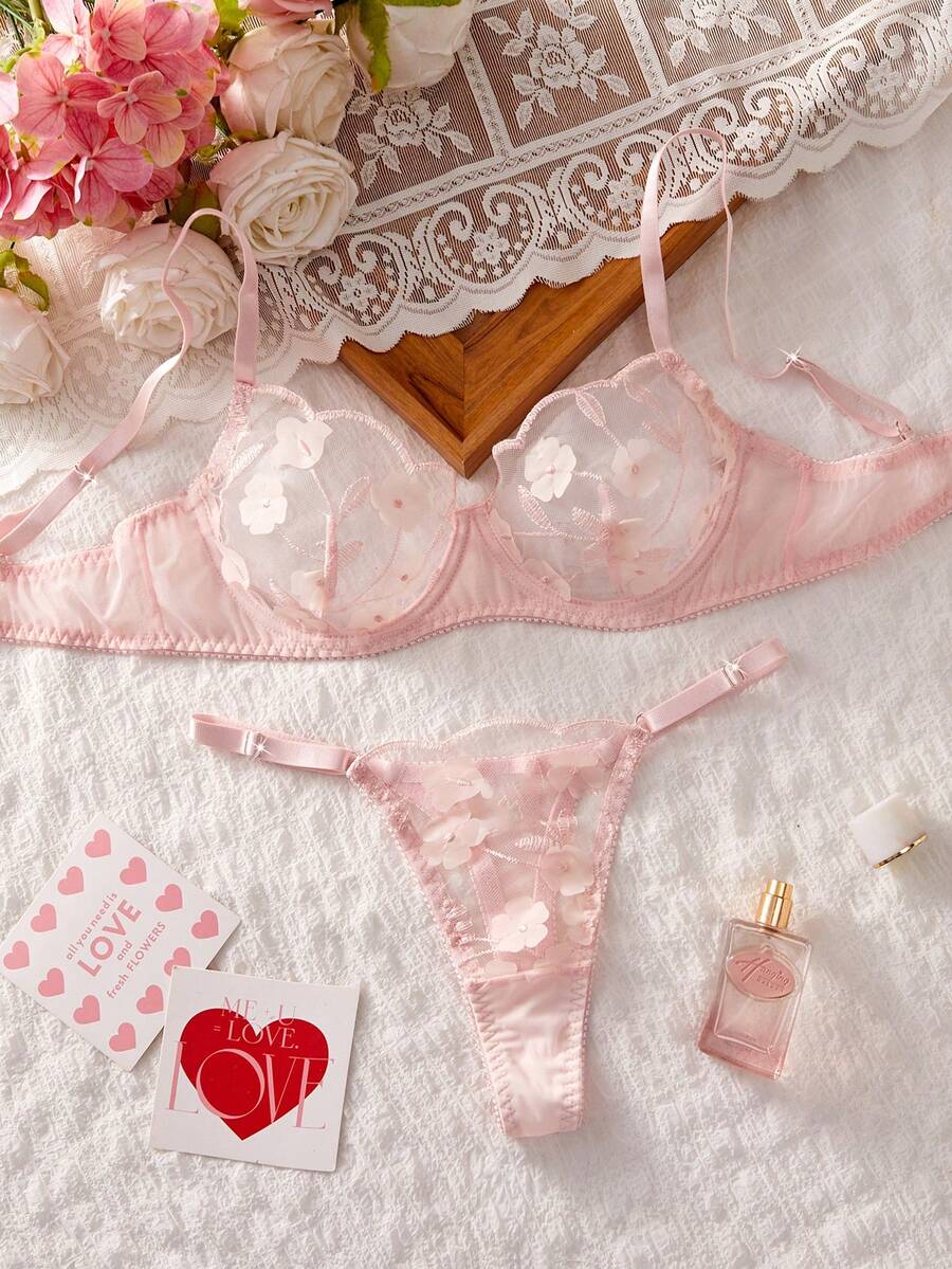 Delicate Pink 3D Embroidered Floral Lightweight Breathable Adjustable Strap Sexy Women Lingerie Set - Pink - View 1