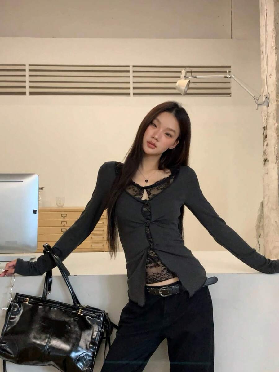 女士长袖蕾丝边饰仿叠层修身衬衫