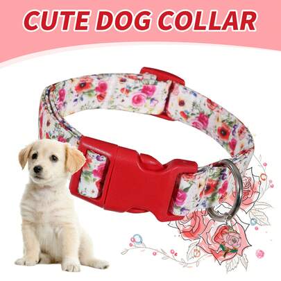 Enchanting Red Rose Polyester Dog Collar With Safety Buckle And Easy-Adjustable Metal Rings - Fashionable And Durable Pet Accessory, Stylish Walks, Walking Accessories | Romantic Pet Accessories | Polyester Collar, Dog Collar