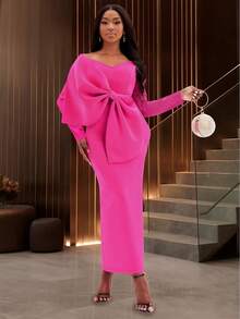 Women Long Party Dresses Bare Shoulder Big Bow Large Size Slim Bodycon Dresses Celebrity Birthday Dinner Occasion Gowns - 玫紅色 - 查看 3