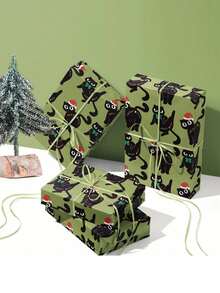 1 cuộn Giấy gói quà Giáng sinh | Nền xanh lá cây có mũ ông già Noel và nơ, họa tiết mèo đen - Thích hợp để gói quà, trang trí ngày lễ, tạo không khí tiệc tùng và sự kiện theo chủ đề - 500cm*43,2cm, Phụ kiện gói quà Giáng sinh, trang trí Giáng sinh, lý tưởng để làm quà tặng ngày lễ - Nhiều màu - Xem 2