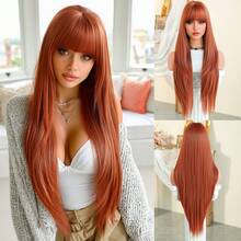 7JHH WIGS 34 Inch Extra Long Straight Maple Leaf Orange Wig With Bangs - Super Long Natural Layered Wigs, High Quality Soft Synthetic Fiber Wigs For Women Daily Wear, Festival Ready Party Use, Graduation Gift - Beginners Glueless Wig Accessories