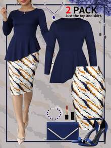 Autumn/Winter Women Plus Size Elegant 2-Piece Set, Versatile Asymmetrical Long Sleeve Crew Neck Pullover Top + Fashionable Wavy Print Skirt Suit, Suitable For Work And Commute