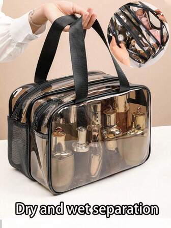 1pc Dual Layer Makeup Bag, PVC Toiletry Bag, Multi-Functional Travel Bag, Brush Holder, Hanging Toiletry Bag, Cosmetic Organizer, Data Cable Bag, Luggage Bag, Handbag, Underwear Bag, Shoe Bag, Clothing Organizer Bag, Skincare Organizer, Travel Organizer, Bathroom Storage, Suitable For Lipstick, Makeup Brushes, Makeup Pens, Eyeshadow, Mirror, Eyeliner, Lip Gloss, Skincare, Toothbrush, Toothbrush Cup, Soap, Shampoo, Comb, Watch, Phone, Necklace, Jewelry, Digital Products Storage