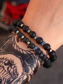 2 pezzi/set o 4 pezzi/set Braccialetto elastico vintage insolito con perle in legno e roccia lavica opaca con distanziatori