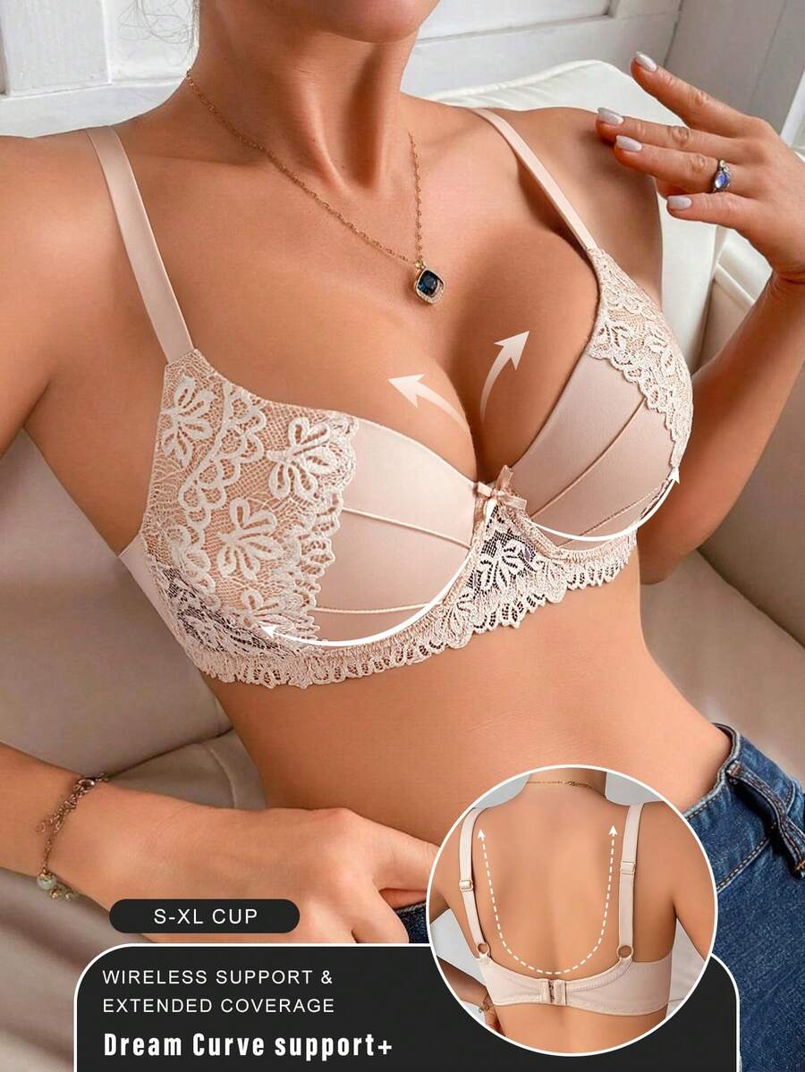 1pc Lace Patchwork Women's Bra, Solid Color Minimalist Underwire Sexy Bra - Apricot - View 1