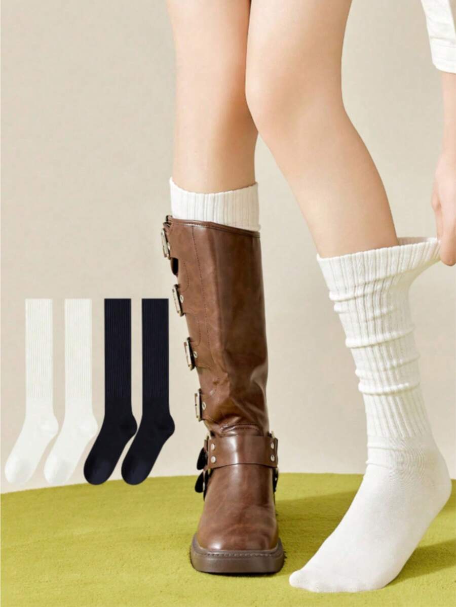 1 Pair Of Fashionable And Fresh Women's Black And White Simple Slim Calf Socks, Warm Socks Suitable For Daily Use With Leather Shoes, Parties, Gifts,Lady's Leg Cover,Winter,Leg Warmers,Christmas,Christmas Gifts - 黑色36-39碼 - 查看 1