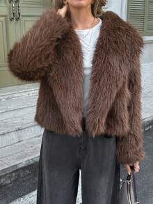 Roupas de Inverno para Mulheres Casacos de Pele Sintética Cor Sólida Casaco Volumoso de Manga Longa e Casaco de Pele Marrom - Adequado para Natal, Festas e Uso Diário