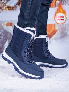 Men's Casual Snow Boots, Hiking Shoes, Outdoor Shoes, Warm Anti-Slip Wind-Resistant High-Top Lace-Up Boots With Fluffy Lining, Suitable For Outdoor Walking, Running, Hiking, Autumn/Winter Season - Blue - View 5