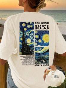 Blusa de verano informal con camiseta tributo a la pintura "La noche estrellada" de Van Gogh y estampado de números 1853, blusa de primavera y verano cómoda, de cuello redondo y mangas cortas, camiseta gráfica para mujeres - Albaricoque - Ver 7