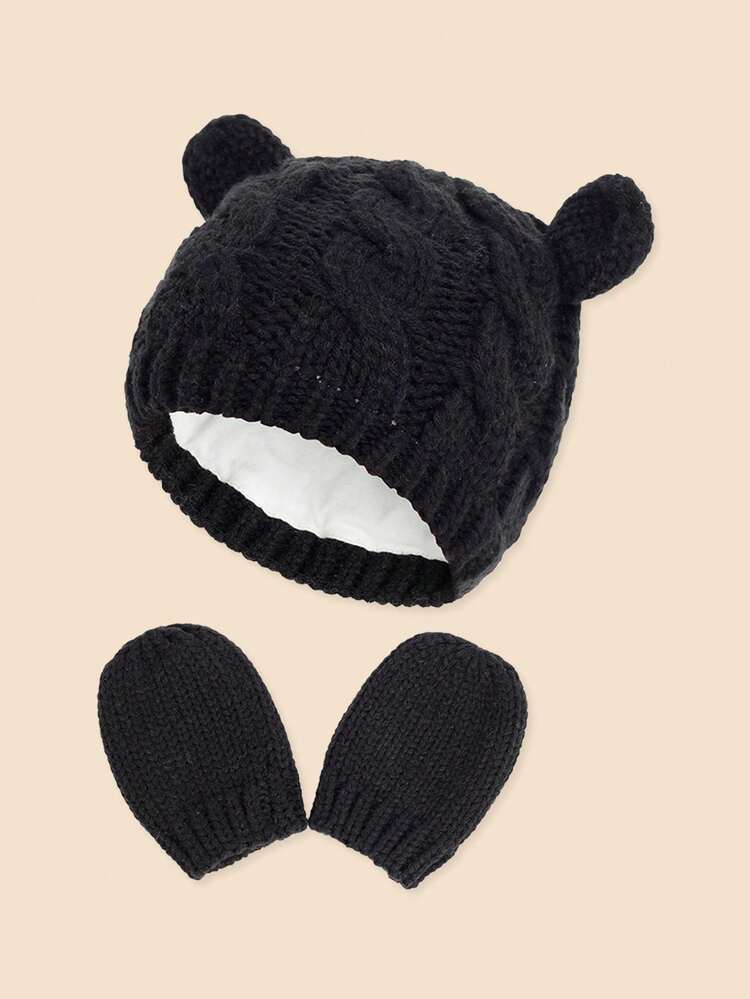 一套柔软保暖的婴儿动物耳朵帽子和手套，纯色实用加厚男女通用帽子和手套组合，适合寒冷季节 - 耳朵帽子+手套 - 查看 16