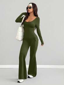 AITYI Studio 女士连体裤，修身休闲实用口袋时尚性感显瘦U领户外百搭Y2K毕业季返校季圣诞节新年感恩节秋冬季弹力针织长袖喇叭裤连体裤 - 軍綠色 - 查看 5