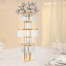 43.3in Tall Wedding Gold Crystal Flower Stand, Square Pedestal Stand, Crystal Flower Rack, Silver Vases Centerpieces Crystal Flower Stand With Hanging Crystals, 5-Tier Square Chandelier Pedestal Stand For Wedding Road Lead T Stage Flower Arrangement Decoration - 金色 - 查看 4