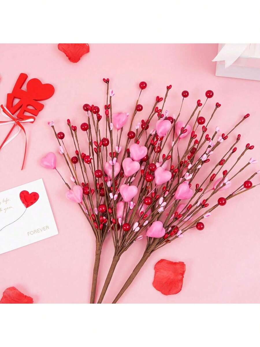 1 szt./2 szt. (45 cm/17,7 cala) Romantyczne różowe sztuczne czerwone jagody w kształcie serca, ręcznie zbierane kwiaty o realistycznym wyglądzie, dekoracja bukietu kwiatowego, na prezent, wesele, przyjęcie, dekoracja wazonu do domu, gałązki jagód, prezenty na rocznicę ślubu - Wielokolorowe - Zobacz 1