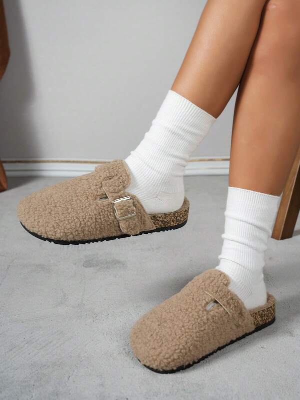 Pantufas femininas de pelúcia sem cadarço - Cabedal e forro em tecido macio, sola de PVC com absorção de impacto, adequadas para uso interno e externo, pantufas casuais para casa - Bege