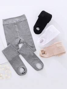 1pc Girls Solid Color Flat Knit Stirrup Tights, All-Season Base Layer Tights - Multicolor - View 4