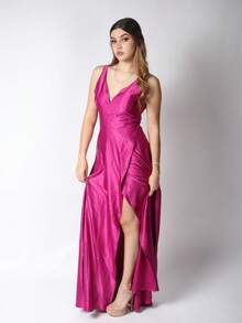 Vestido largo con escote en V de satén elegante para mujer, vestido de fiesta con tirantes finos, con espalda descubierta, con detalle de abertura, ideal para la ocasión - Rosa Fucsia - Ver 2