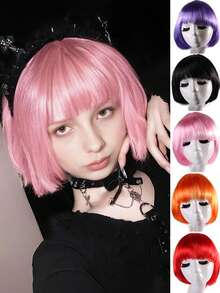 Polyester Christmas Party Wig, Short Straight Colorful Bobo Head, Realistic Pear Blossom Bangs Cosplay Wig For Women