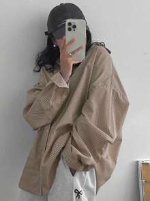 Plus Size Women's Striped Button-Up Shirt, Long Dropped Shoulder Sleeve, Woven Fabric - Apricot - View 1